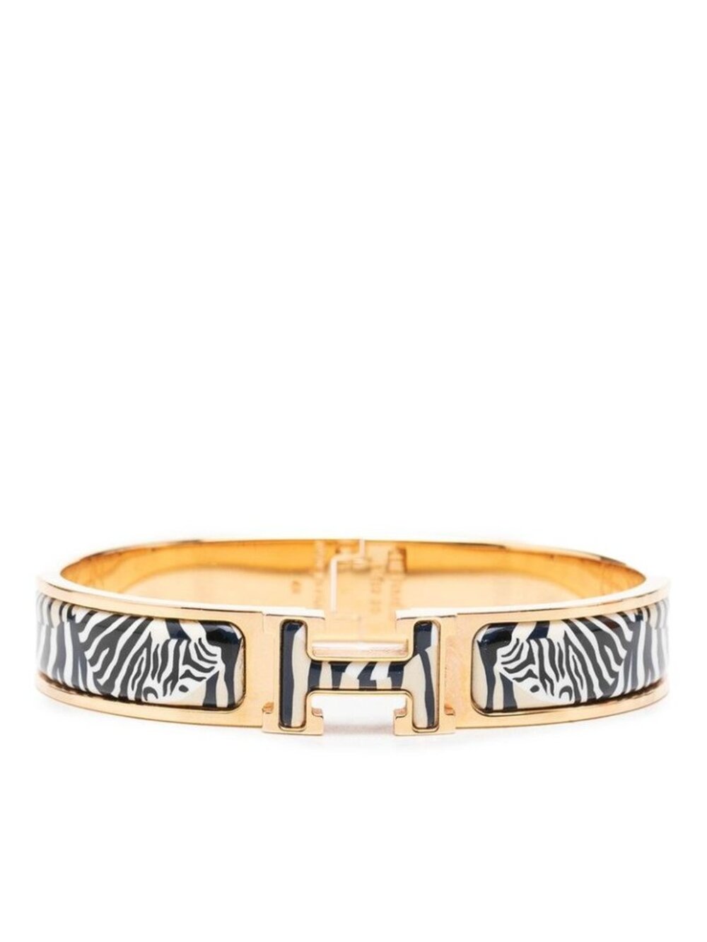 Hermes Clic H GM Zebra Print Bracelet Bangle Gold White Black Plated Enamel